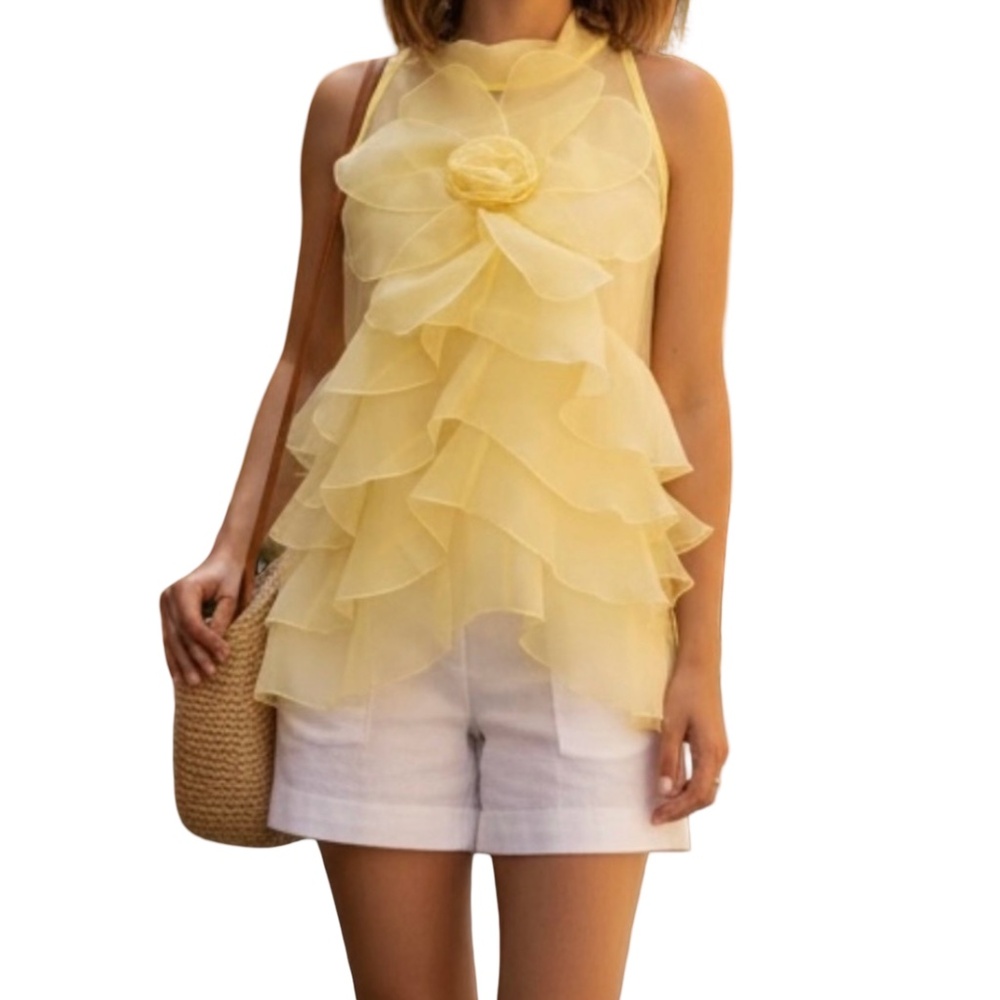 #A022 – FT INC Yellow Hi-Lo Organza Ruffle Top – Size M – NWT